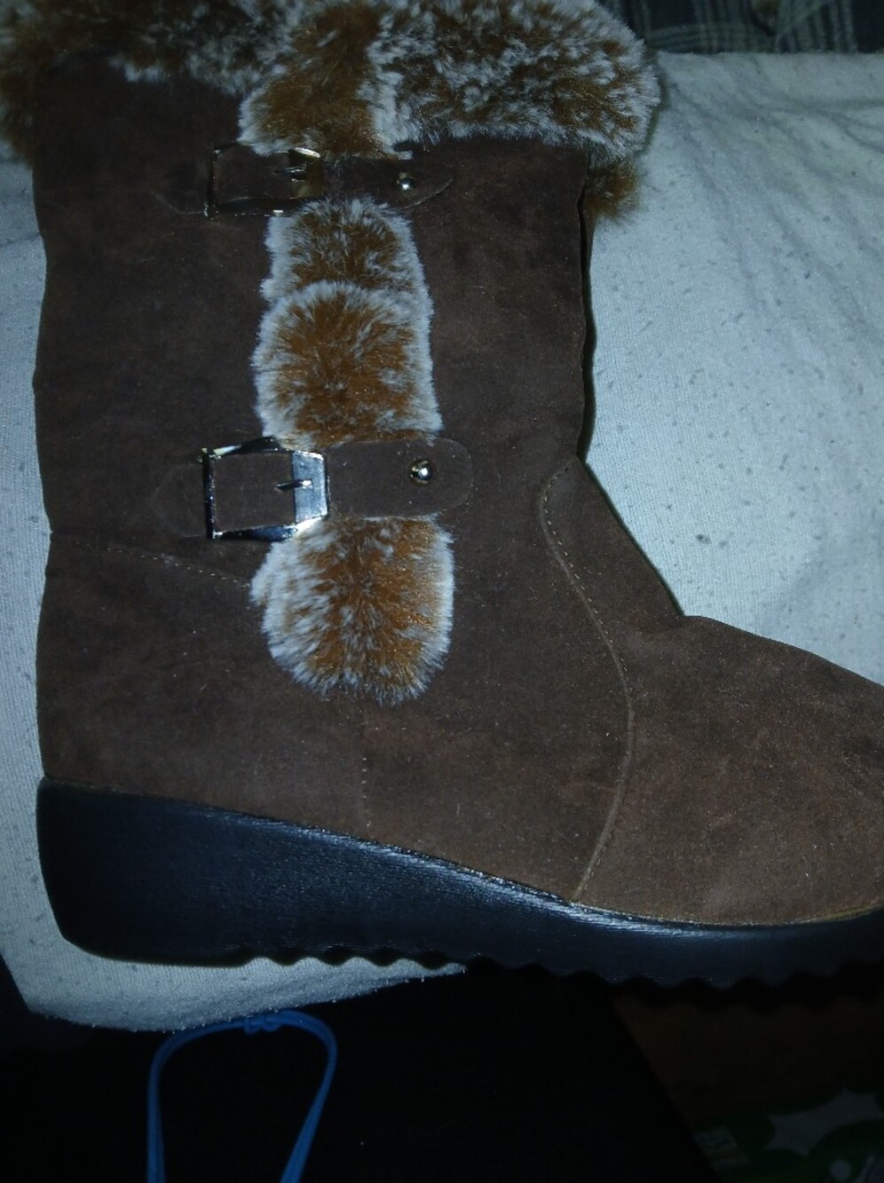 Women’s Brown Faux Suede Fur-Trim Mid-Calf Boot